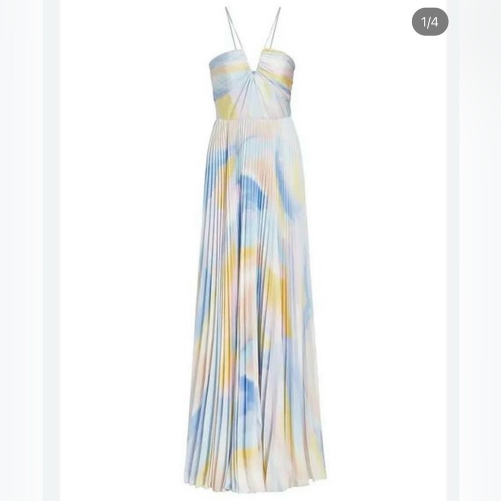 ML Monique Lhuillier Satin Blue Charmeuse Pleated maxi dress